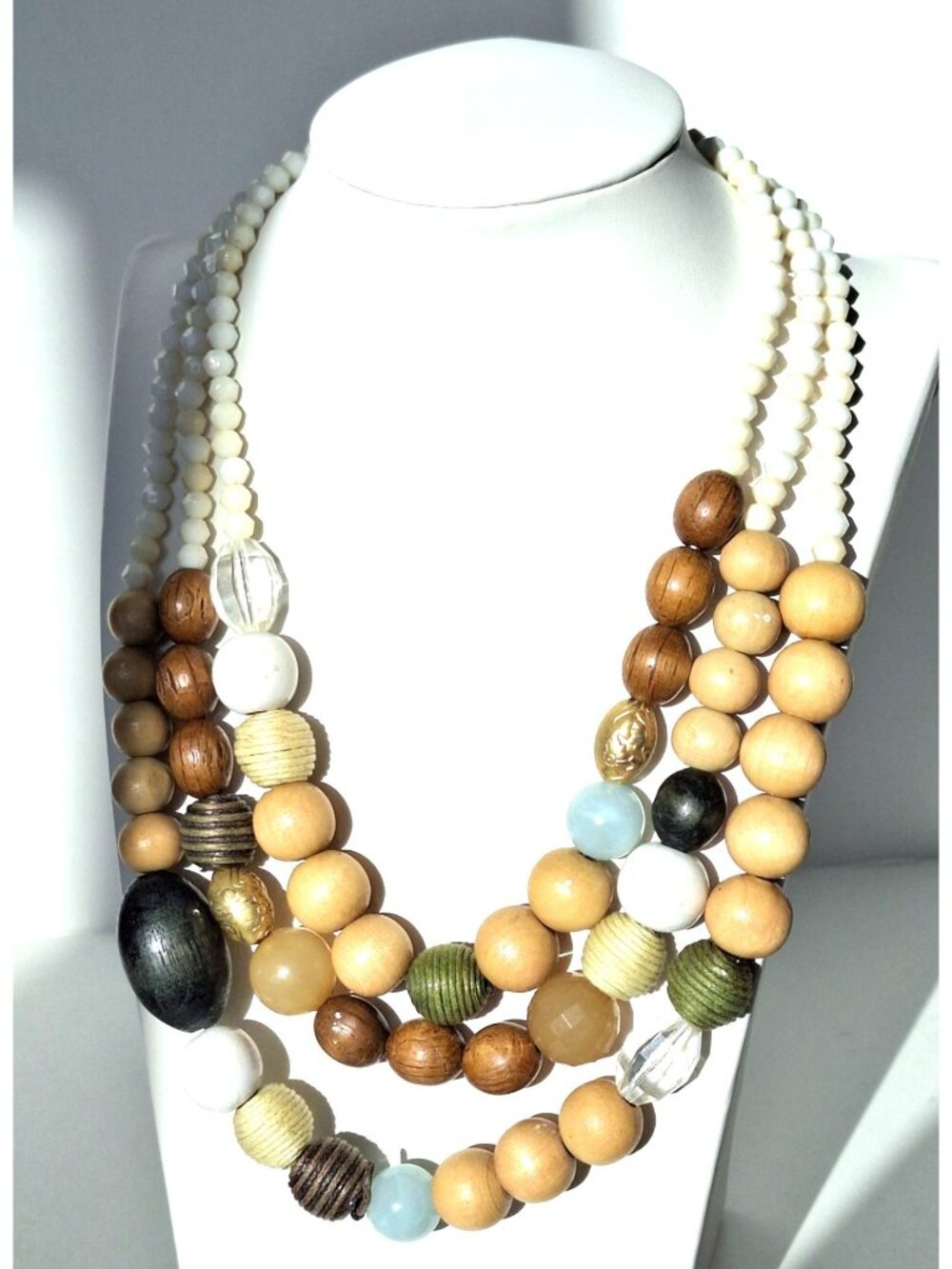 Vintage Boho 3 Strand Chunky Wood Mixed Media Beaded Statement Necklace Natural